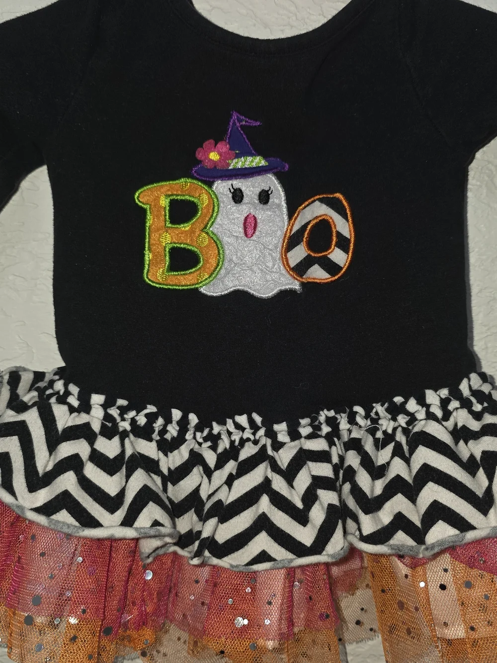 Bonnie Baby Black Ghost 'Boo' Halloween Tutu Dress with Pink & Orange Tulle 12 M